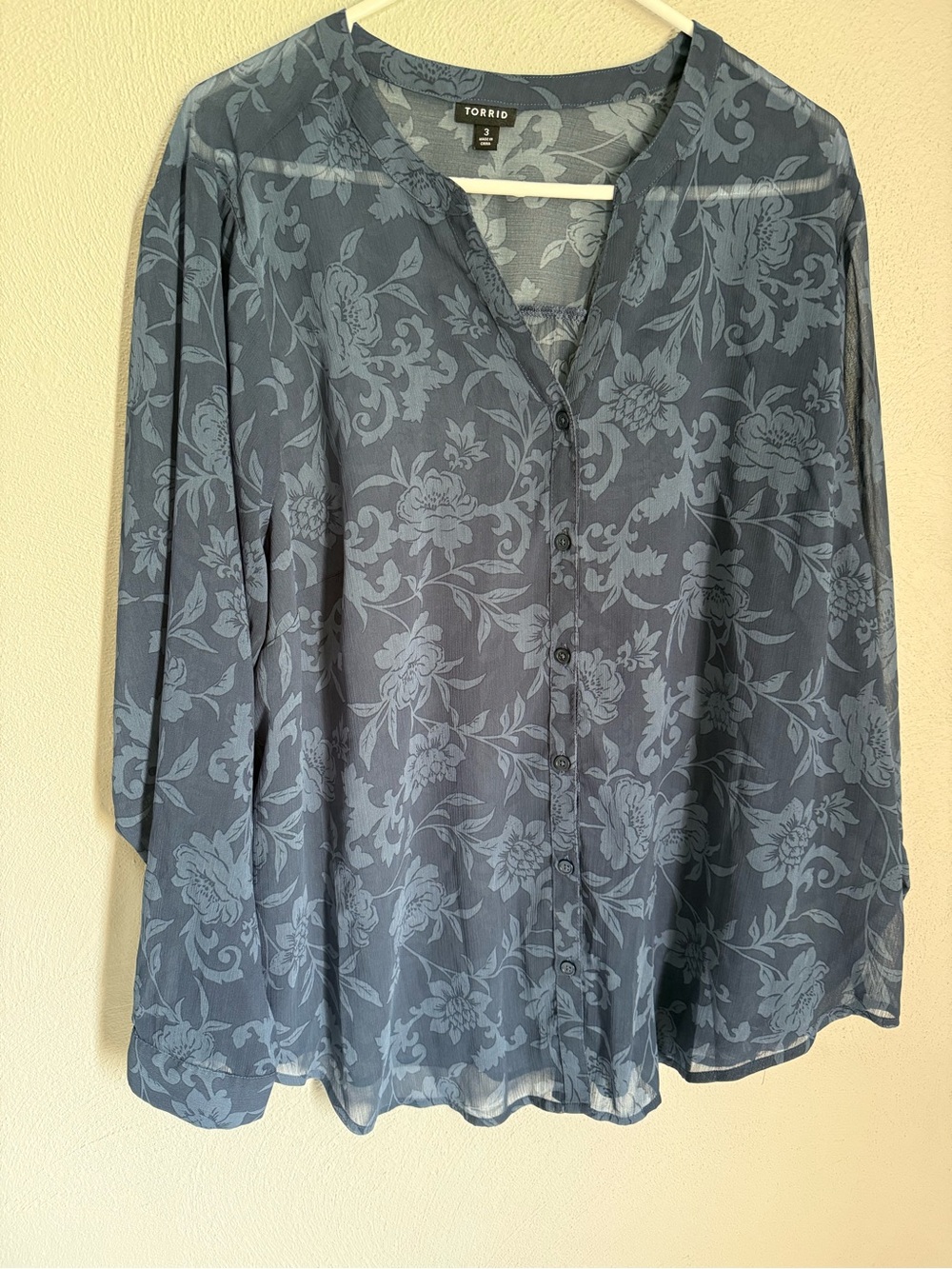 torrid slate blue floral button-up sheer blouse